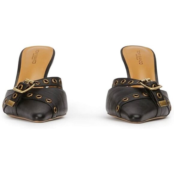 🆕 Black Faux Leather Kitten Heel Mules for Women Pointed Toe Studded Slip- - Picture 4 of 5